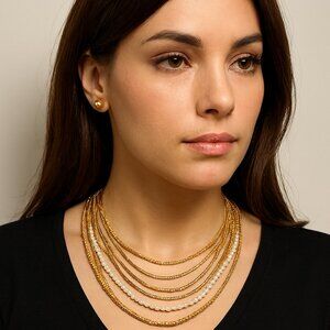 Gold & Silver-Tone Multi-Strand Beaded Necklace w/ Matching Stud Earrings
